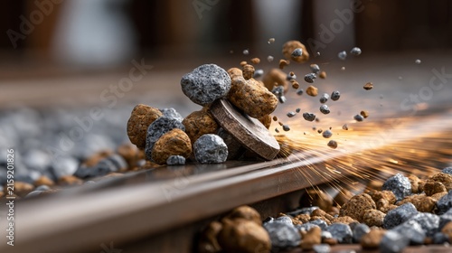 Close-up image of metal sparks and rocks on a railway, capturing dynamic industrial action.