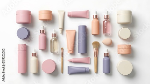 Set of various cosmetic skincare bottles and makeup tools arranged neatly for beauty product ads,discounted cosmetic packs