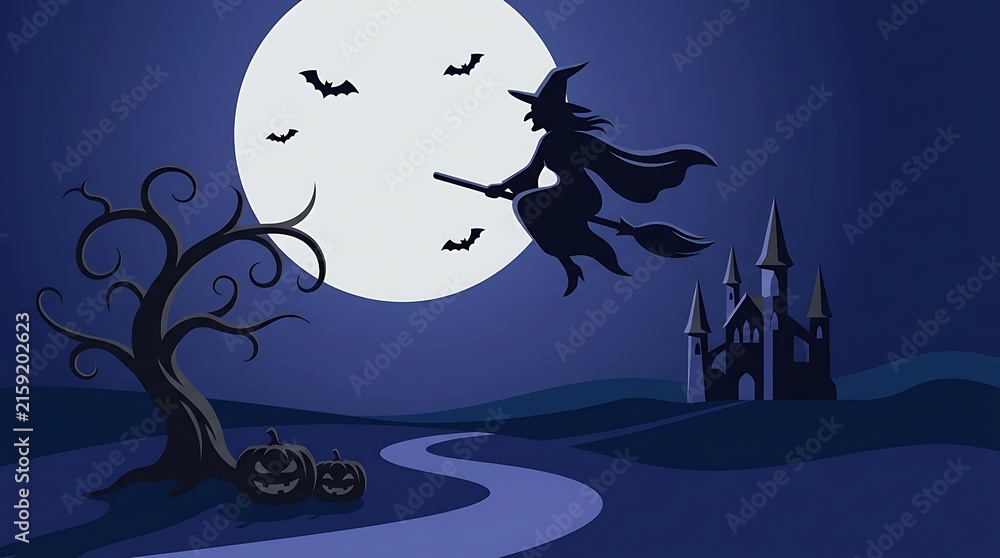 Fototapeta premium Halloween witch flying on broomstick full moon and castle silhouette