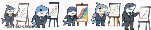 Set of cute shark vectors presenting work charts