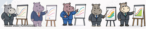 Set of cute hippo vectors presenting work charts