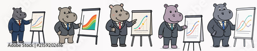 Set of cute hippo vectors presenting work charts