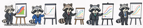 Set of cute raccoon vectors presenting work charts