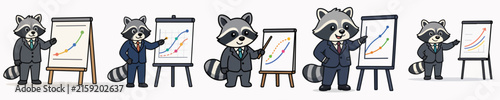 Set of cute raccoon vectors presenting work charts