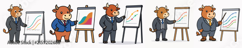 Set of cute bull vectors presenting work charts