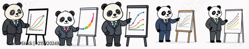 Set of cute panda vectors presenting work charts