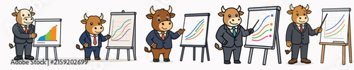 Set of cute bull vectors presenting work charts