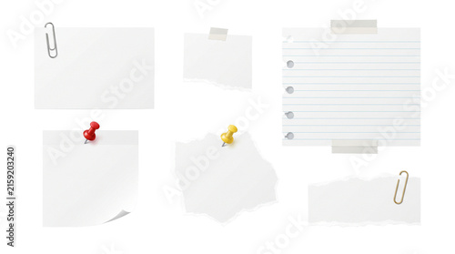 Realistic blank white paper notes, sticky memos, and torn sheets with pins, clips, and tape set