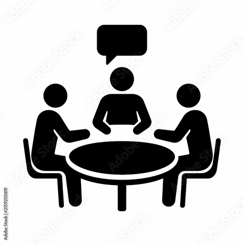Three People Round Table Group Discussion with Speech Bubble Black Flat Vector Meeting Icon Isolated on White Background
