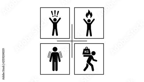 Workplace health and safety hazards pictograms showing panic fire exposure cold shivering and heavy lifting vector silhouette icons