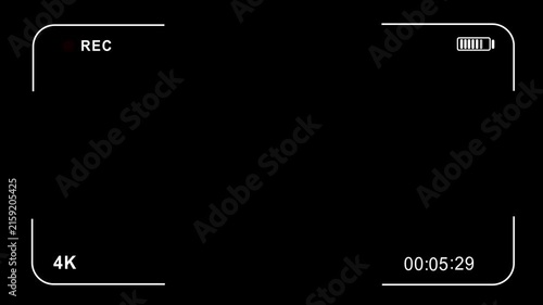 4k camera recording overlay with digital viewfinder interface, real-time timecode, battery status indicator, and blinking red rec symbol for cinematic production and media editing projects