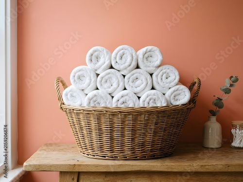 Neatly stacked rolls of white cotton towels inside a woven wicker basket
