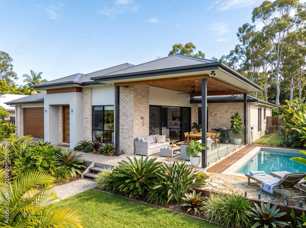 Fototapeta premium Modern luxury house exterior with swimming pool and covered patio in a tropical garden