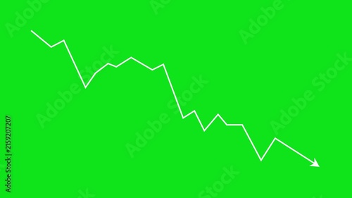 Dynamic white line graph showing financial market downtrend and economic decline with animated arrow indicator on a solid green screen background, for easy chroma, key compositing in presentations