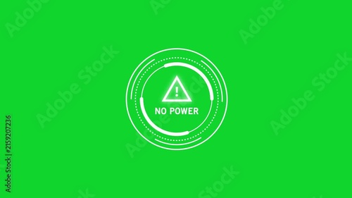 Digital no power warning hud interface animation with glowing circular and triangle alert on green screen background, for seamless chroma, key compositing in, technical ui projects