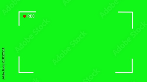 Camera recording interface overlay with blinking red rec indicator and white frame markers on a chroma key green screen background, for seamless editing, compositing, and production