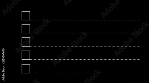 Minimalist animated checklist with red checkmarks appearing in white boxes on a clean black background, task management, project completion, productivity tracking, and business workflow