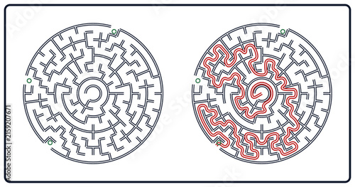 Circular maze with solution path illustrated in red  