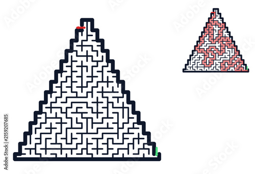 Triangle-shaped maze design with paths and starting points  