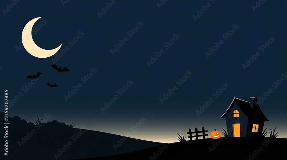 Fototapeta premium Creepy halloween night scene with crescent moon and glowing house