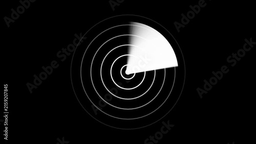 Digital radar screen animation featuring a rotating scanning beam and concentric circular grid lines on a deep black background, for modern technology, military surveillance, and, data monitoring