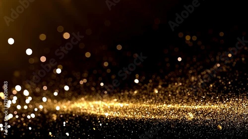 Abstract golden background with sparkling particles floating in slow motion against dark surface luxury elegant wallpaper for premium event design presentation.