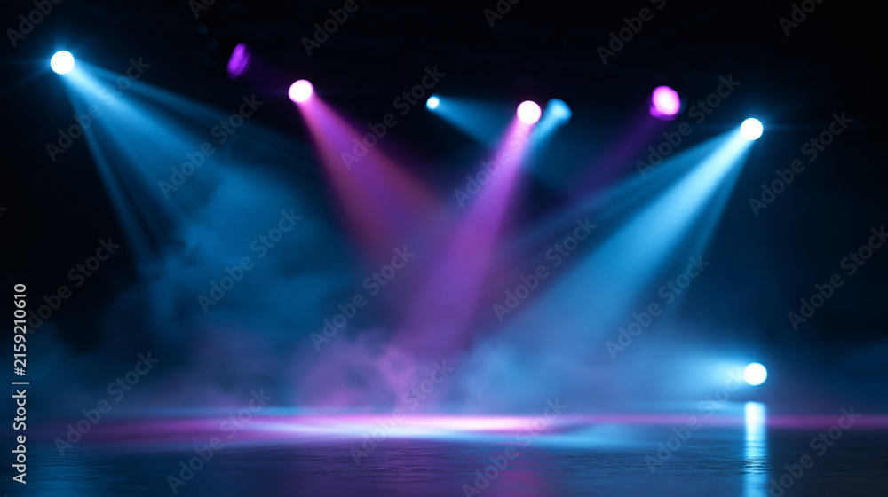 Fototapeta premium bright stage studio background with blue and purple glowing spotlights, soft smoke on the street floor, abstract futuristic background for concert, sports arena, product display,