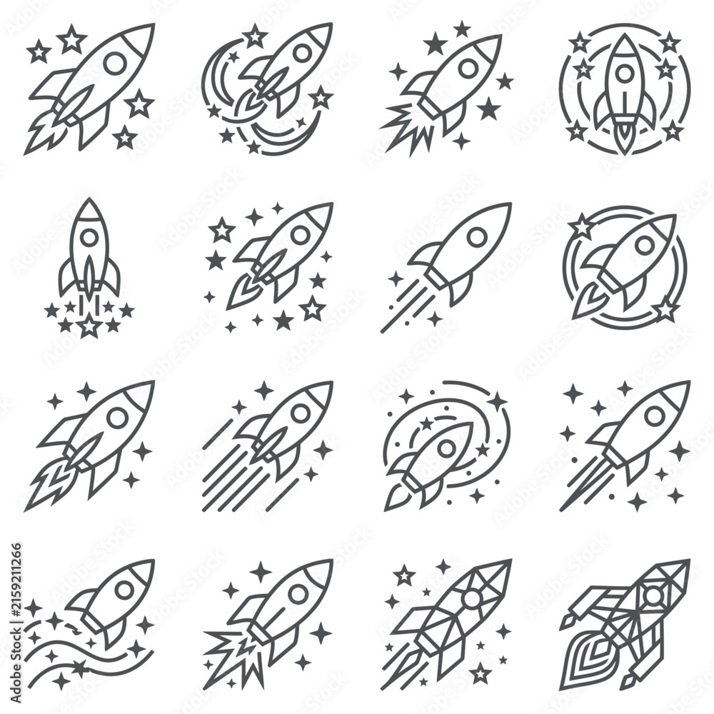 Obraz premium Rocket launch and space startup line icon collection.