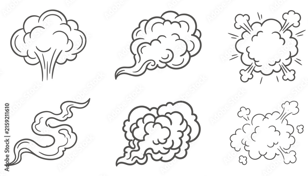 Obraz premium Hand Drawn Smoke and Explosion Cloud Doodle Collection Featuring Comic Puffs Dust Clouds Vapor Trails and Impact Effects.svg