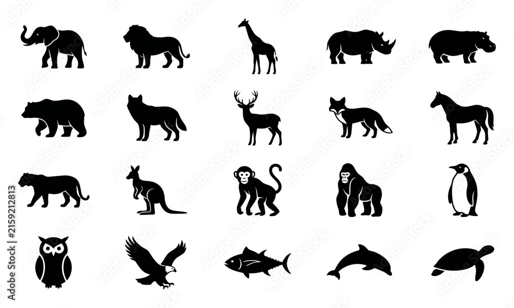 Fototapeta premium Set of wild and domestic animal silhouettes for educational design