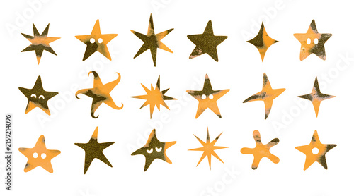 Set of Eighteen Assorted Grunge Halloween Stars with Irregular Shapes and Cute Faces Isolated on a Transparent Background