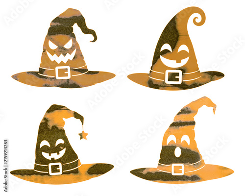 Set of Four Orange Grunge Halloween Witch Hats with Funny Spooky Faces and Different Emotions on a Transparent Background