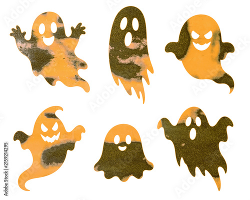 Set of Six Orange Grunge Halloween Ghosts with Spooky Funny Faces and Different Emotions on a Transparent Background