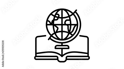 Simple line art icon of an open book with a globe rising from the center representing global education