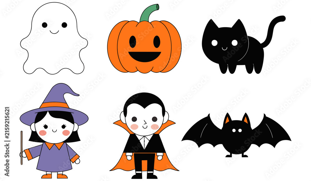 Fototapeta premium A whimsical collection of cute Halloween icons, featuring a ghost, pumpkin, black cat, witch, vampire, and bat, perfect for adding a playful touch to spooky season designs.