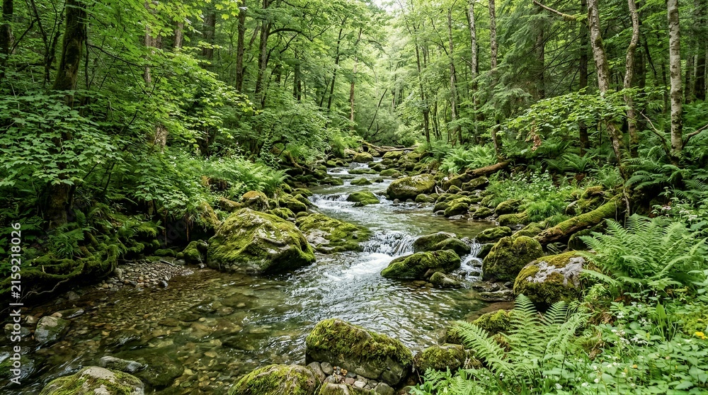 Fototapeta premium Moss covered rocks flowing stream in dense green forest