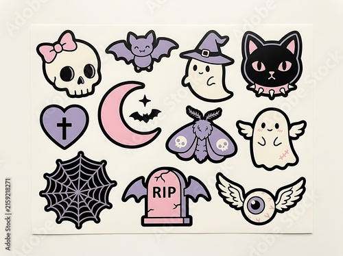 Halloweenthemed cute cartoon stickers featuring ghosts cats bats and spooky decorative elements