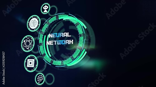 Visualizing complex neural network data processing on glowing futuristic technological hud screen with digital research icons