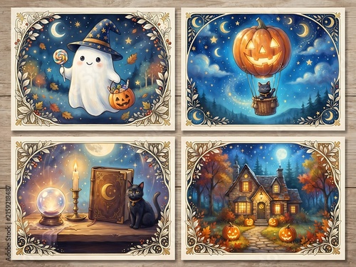 Whimsical Halloween Illustration Featuring Ghost Cat Witch Pumpkin Hot Air Balloon Scenery