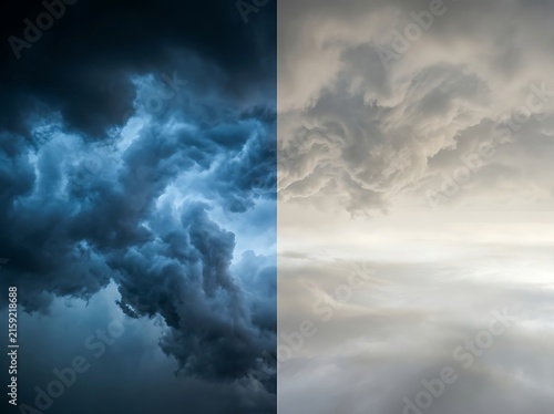 Dramatic Split View of Stormy Dark Clouds Versus Bright Fluffy Sky Scenes
