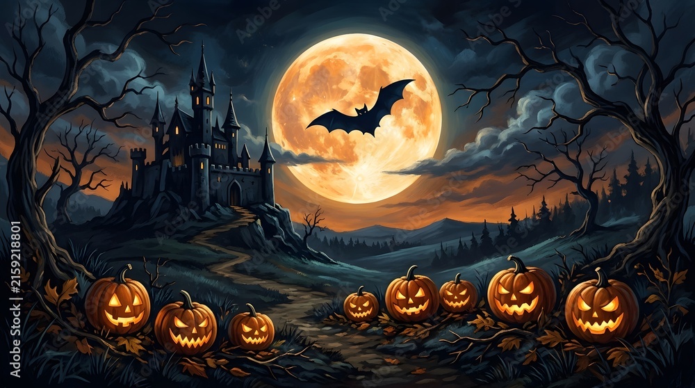 Fototapeta premium A spooky halloween night scene with a full moon bats and jack o'