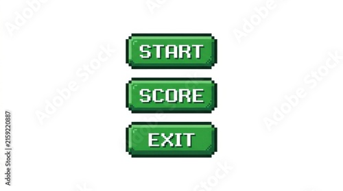 Pixelated game buttons with start score and exit labels on a white background gaming interface digital retro eightbit eight-bit