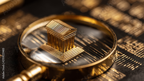 A magnifying glass focused on a bank building represents financial institution analysis and modern banking risk assessment.
