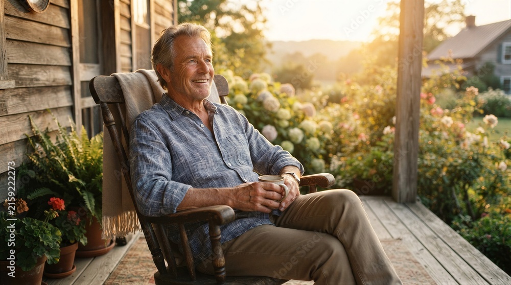 Fototapeta premium Older man smiling holding cup on porch at sunset