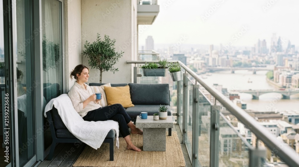 Fototapeta premium Woman relaxing on a modern balcony with city view, enjoying coffee in a serene urban lifestyle moment
