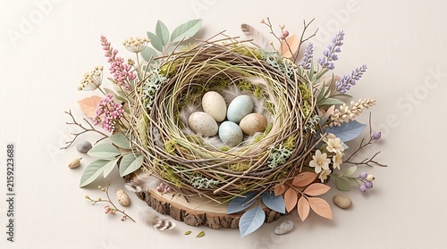 Easter Bird Nest with Pastel Eggs and Spring Flowers Composition