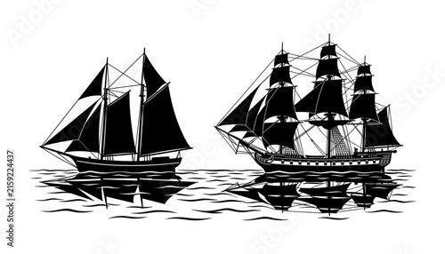 Foto Two detailed black silhouette sailing ships gliding across calm ocean water with