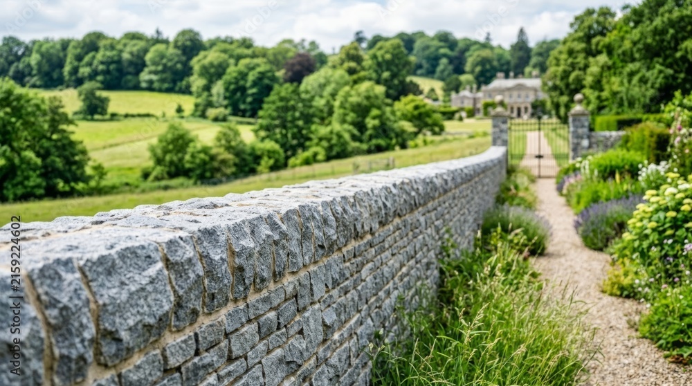 Fototapeta premium Stone boundary wall on a country estate with a manicured garden path and distant manor house, offering copy space