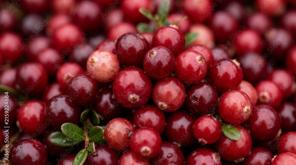 Obraz premium Cranberries clustered with leaves in close up setting
