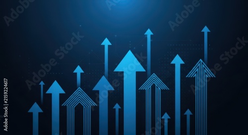 Multiple blue arrows pointing upwards on a dark background, representing growth and success
